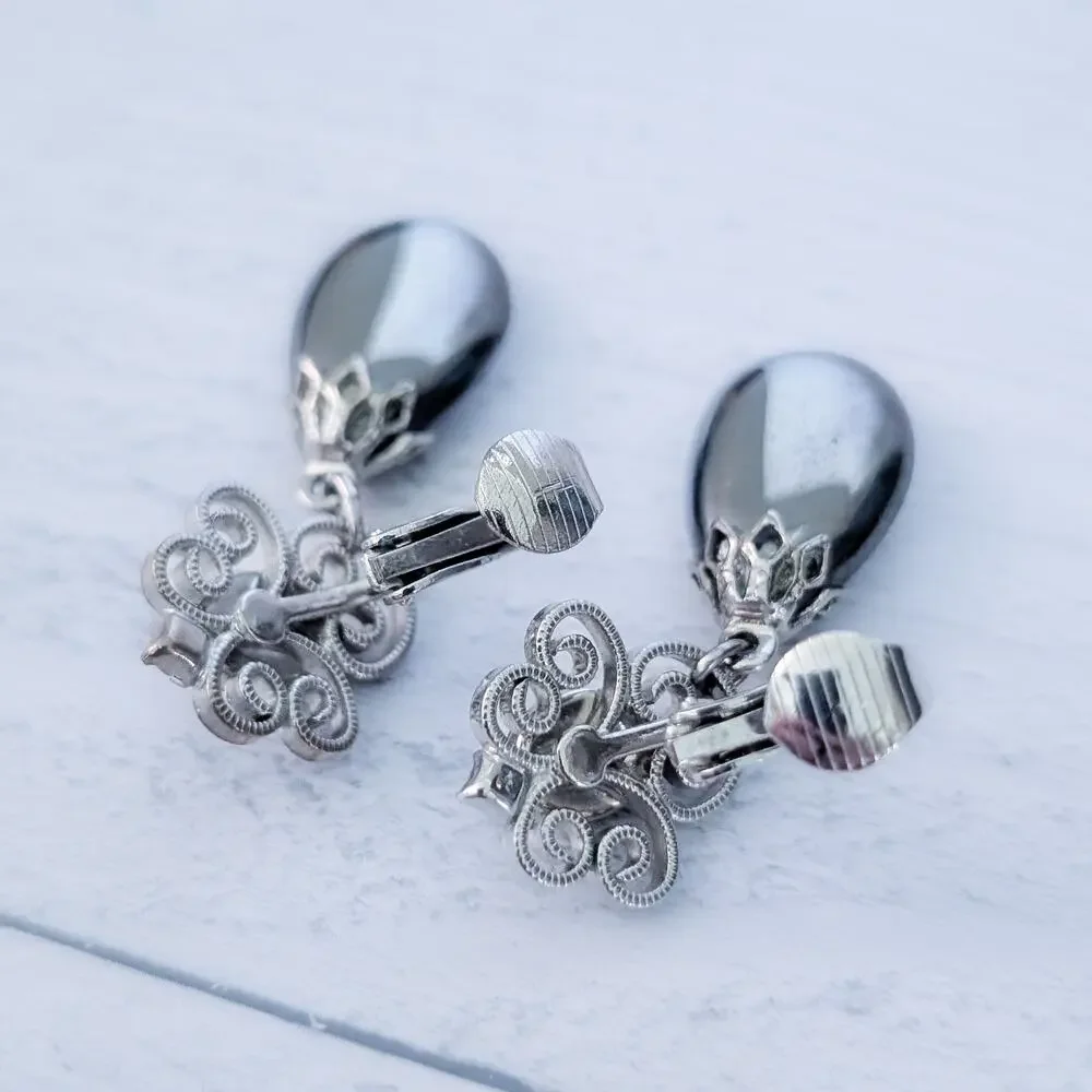 Vintage Clip On Earrings Stunning Silver Tone & Grey Dangle Regal